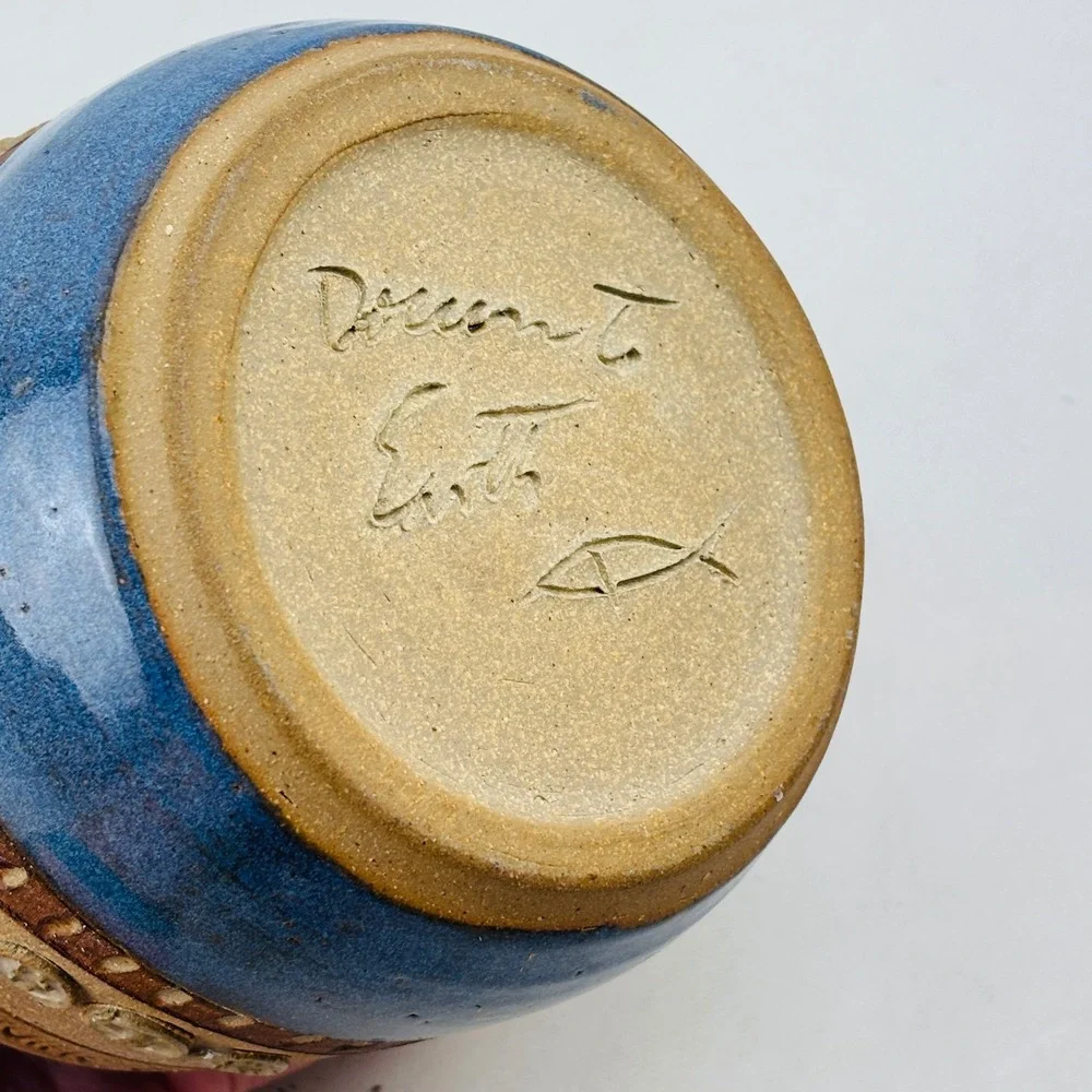 Down to Earth Pottery‎ Blue Brown Jar Cork Lid With God All Things Are Possible